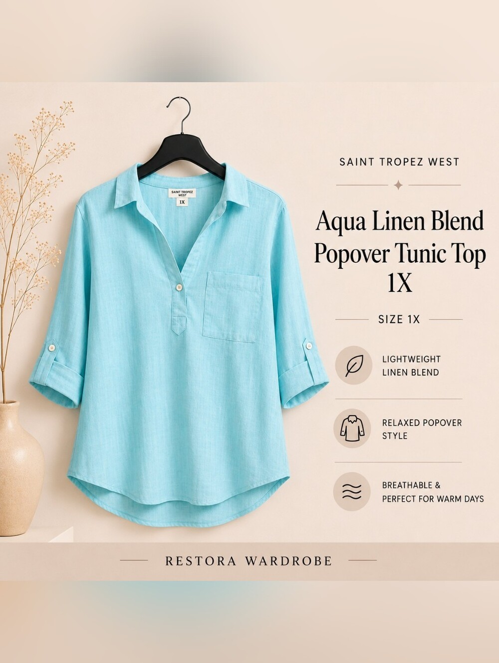 Saint Tropez West Aqua Linen Blend Popover Tunic Top Plus Size 1X